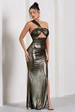 Shimmer | Gold Metallic Asymmetric Maxi Dress With Knotted Strap -Sangyong Store WB CL128992007 ShimmerGoldMetallicAsymmetricMaxiDressWithKnottedStrap4