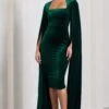 Flawless | Bottle Green Velvet Square Neck Midi Dress With Cape Sleeves -Sangyong Store WB CL128999047 FlawlessBottleGreenVelvetSquareNeckMidiDressWithCapeSleeves0