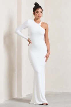 Tyra | White Asymmetric Neck Cut Out Maxi Dress With Open Back Detail -Sangyong Store WB CL129001005 TyraWhiteAsymmetricNeckCutOutMaxiDressWithOpenBackDetail1
