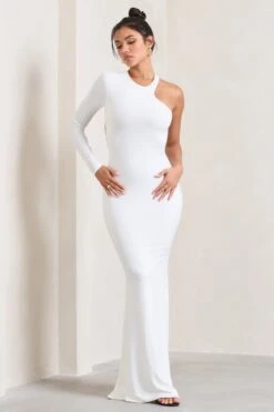 Tyra | White Asymmetric Neck Cut Out Maxi Dress With Open Back Detail -Sangyong Store WB CL129001005 TyraWhiteAsymmetricNeckCutOutMaxiDressWithOpenBackDetail3