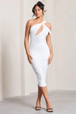 Ella | White Asymmetric Neck Cut Out Midi Dress -Sangyong Store WB CL129002005 Ella WhiteAsymmetricNeckCutOutMidiDress1