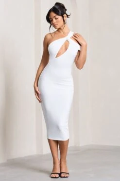 Ella | White Asymmetric Neck Cut Out Midi Dress -Sangyong Store WB CL129002005 Ella WhiteAsymmetricNeckCutOutMidiDress2