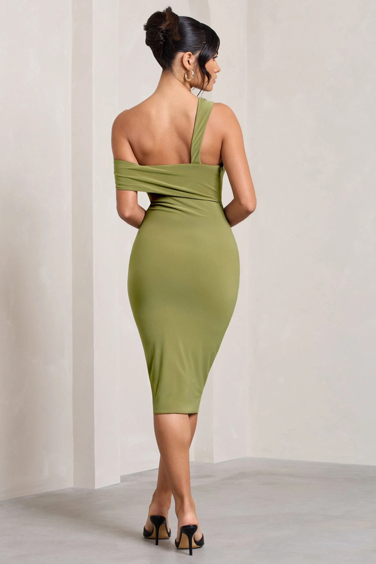 Ella | Olive Asymmetric Neck Cut Out Midi Dress 4 Ella | Olive Asymmetric Neck Cut Out Midi Dress - Image 2