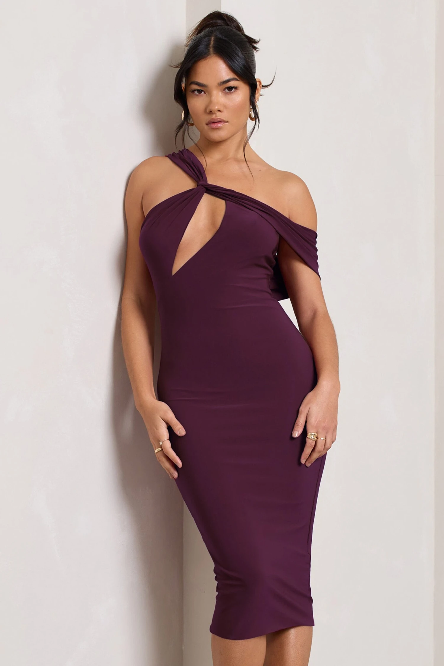 Ella | Plum Asymmetric Neck Cut Out Midi Dress 6 Ella | Plum Asymmetric Neck Cut Out Midi Dress - Image 4