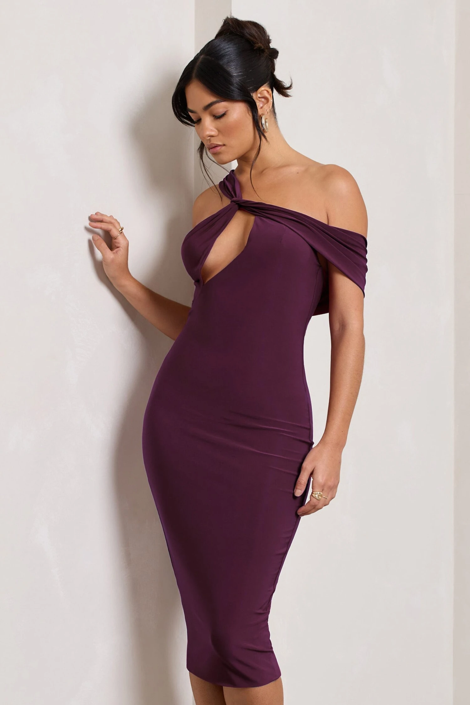 Ella | Plum Asymmetric Neck Cut Out Midi Dress 7 Ella | Plum Asymmetric Neck Cut Out Midi Dress - Image 5