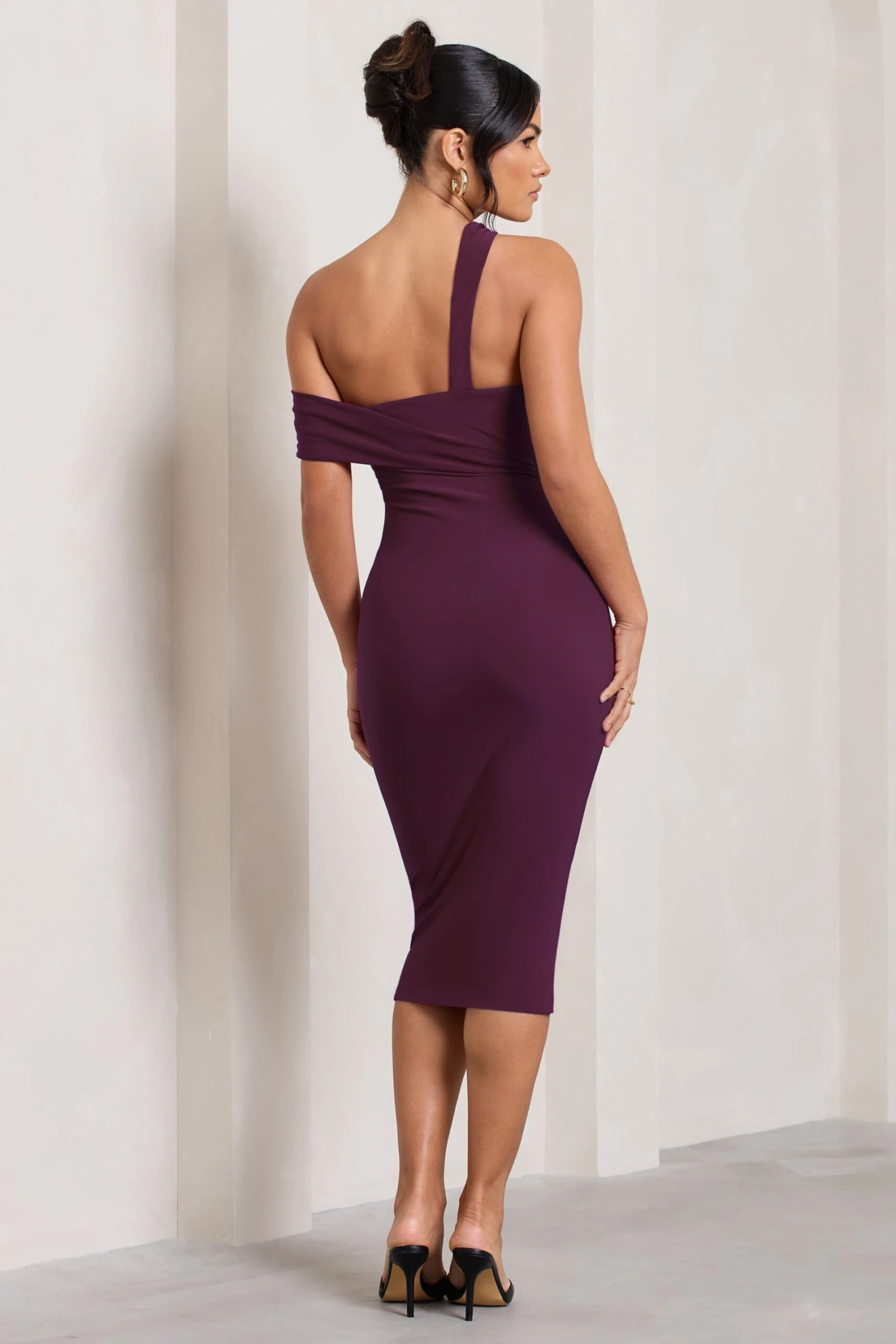 Ella | Plum Asymmetric Neck Cut Out Midi Dress 4 Ella | Plum Asymmetric Neck Cut Out Midi Dress - Image 2