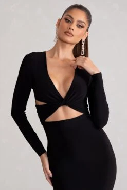 Julieta | Black Plunge Neck Long Sleeve Ruched Midi Dress With Cut Out Detail 10 Julieta | Black Plunge Neck Long Sleeve Ruched Midi Dress With Cut Out Detail -Sangyong Store WB CL129022 JulietaBlackPlungeNeckLongSleeveRuchedMidiDressWithCutOutDetail4