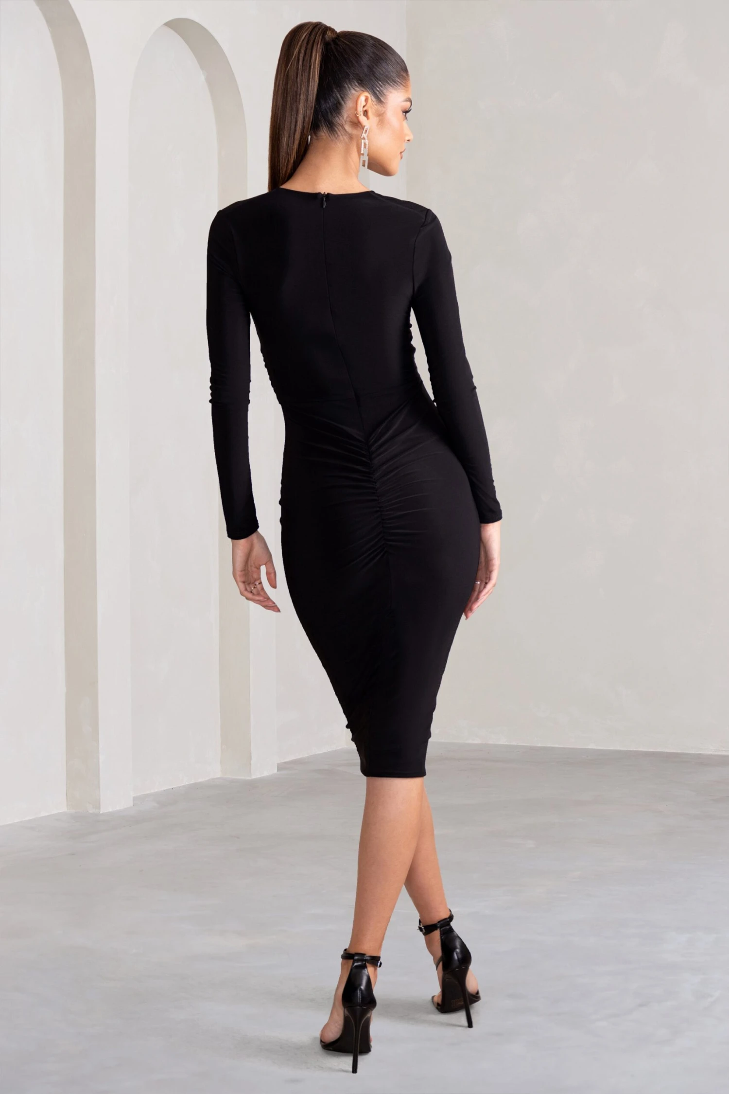 Julieta | Black Plunge Neck Long Sleeve Ruched Midi Dress With Cut Out Detail 4 Julieta | Black Plunge Neck Long Sleeve Ruched Midi Dress With Cut Out Detail - Image 2