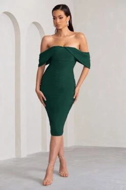 Love Me | Bottle Green Off The Shoulders Ruched Midi Dress -Sangyong Store WB CL129028 LoveMeBottleGreenOffTheShouldersRuchedMidiDress2