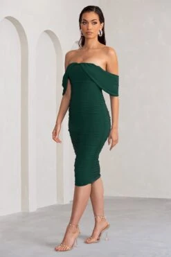 Love Me | Bottle Green Off The Shoulders Ruched Midi Dress -Sangyong Store WB CL129028 LoveMeBottleGreenOffTheShouldersRuchedMidiDress3