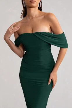 Love Me | Bottle Green Off The Shoulders Ruched Midi Dress -Sangyong Store WB CL129028 LoveMeBottleGreenOffTheShouldersRuchedMidiDress4