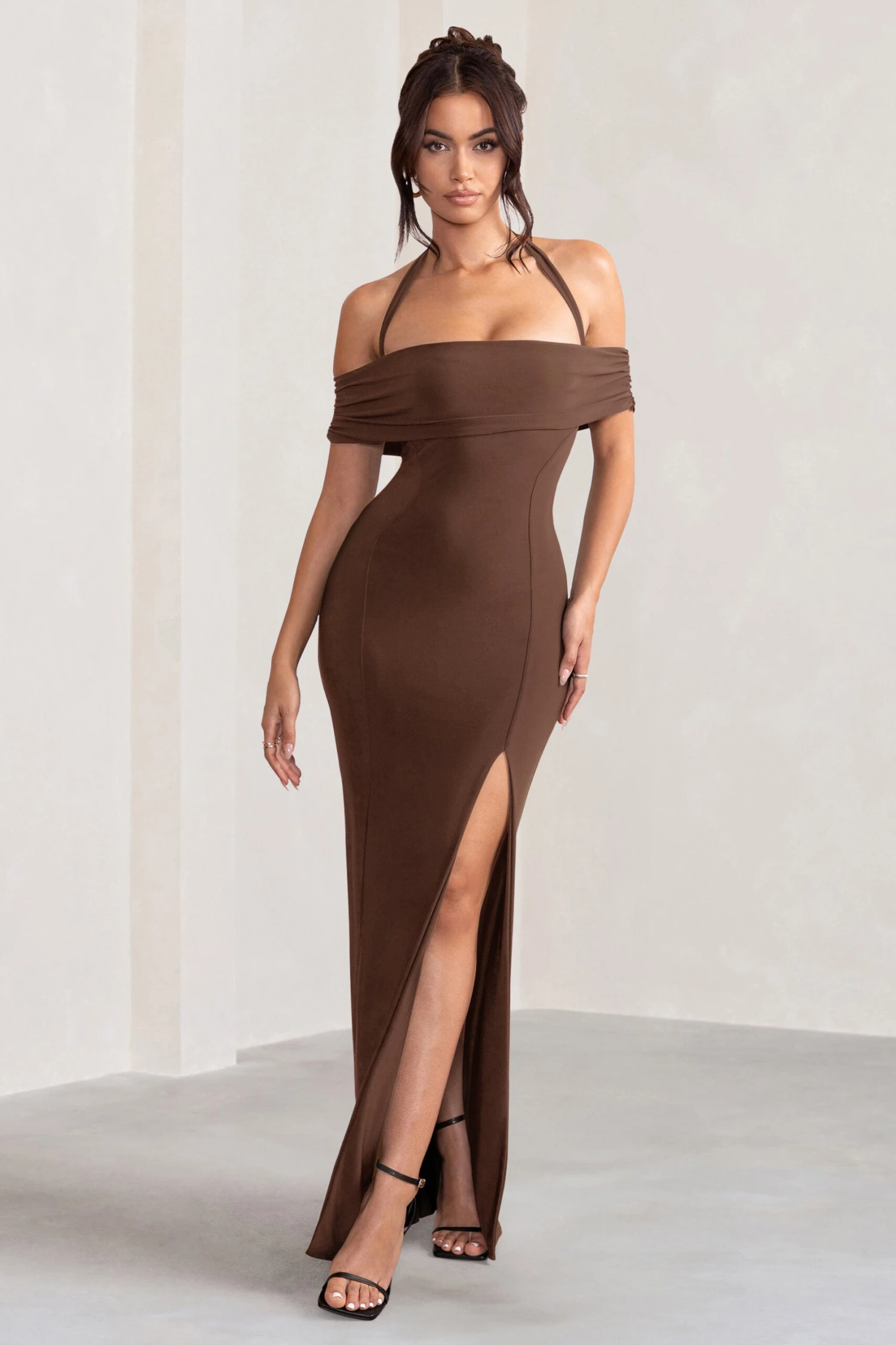 Anisa | Chocolate Brown Layered Halter Neck Bardot Maxi Dress With Thigh Split 3 Anisa | Chocolate Brown Layered Halter Neck Bardot Maxi Dress With Thigh Split