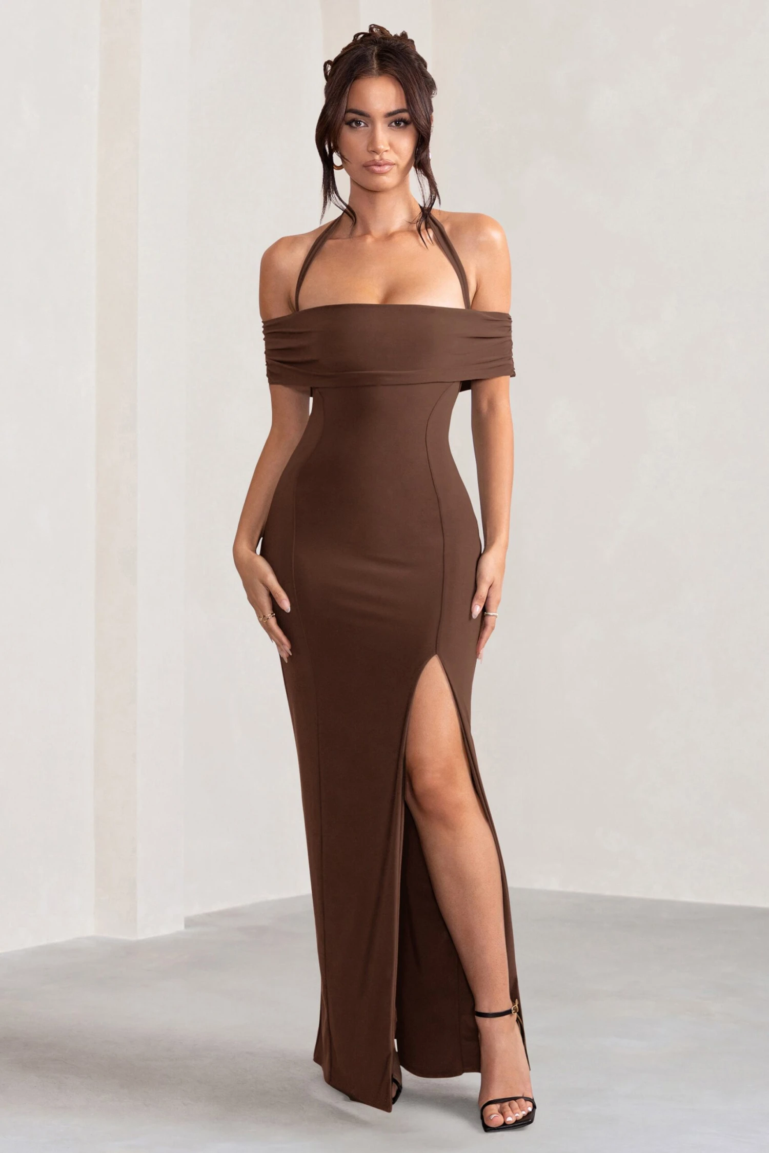 Anisa | Chocolate Brown Layered Halter Neck Bardot Maxi Dress With Thigh Split 6 Anisa | Chocolate Brown Layered Halter Neck Bardot Maxi Dress With Thigh Split - Image 4