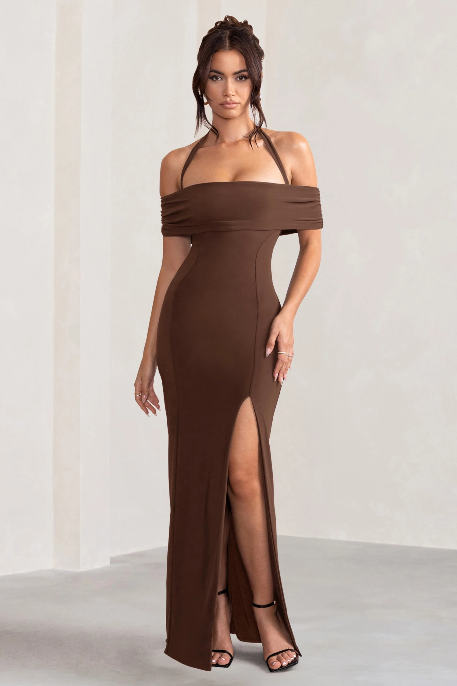 Anisa | Chocolate Brown Layered Halter Neck Bardot Maxi Dress With Thigh Split 5 Anisa | Chocolate Brown Layered Halter Neck Bardot Maxi Dress With Thigh Split - Image 3