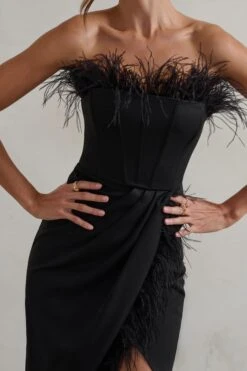 Cosmo | Black Bandeau Corset Maxi Dress With Feather Trim -Sangyong Store WB CL129242 CosmoBlackBandeauCorsetMidiDressWithFeatherTrim3