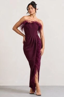 Cosmo | Burgundy Bandeau Feather Corset Split Maxi Dress -Sangyong Store WB CL129242069 CosmoBurgundyBandeauFeatherCorsetSplitMaxiDress2