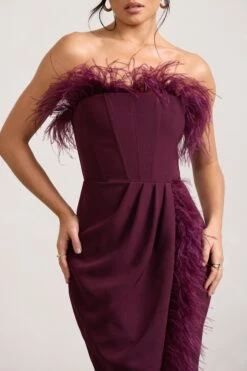 Cosmo | Burgundy Bandeau Feather Corset Split Maxi Dress -Sangyong Store WB CL129242069 CosmoBurgundyBandeauFeatherCorsetSplitMaxiDress3