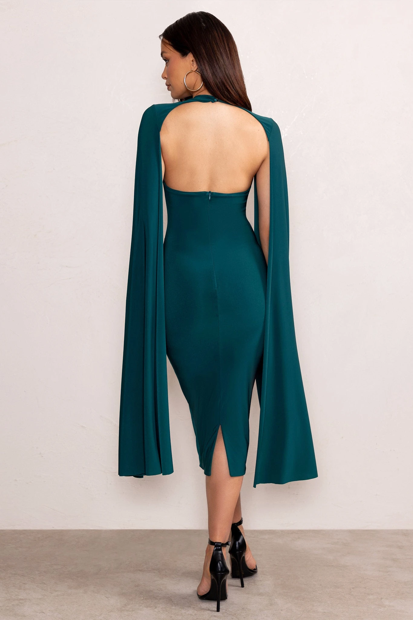 Myla | Bottle Green V-Neck Ruched Midi Dress With Cape Overlay 4 Myla | Bottle Green V-Neck Ruched Midi Dress With Cape Overlay - Image 2