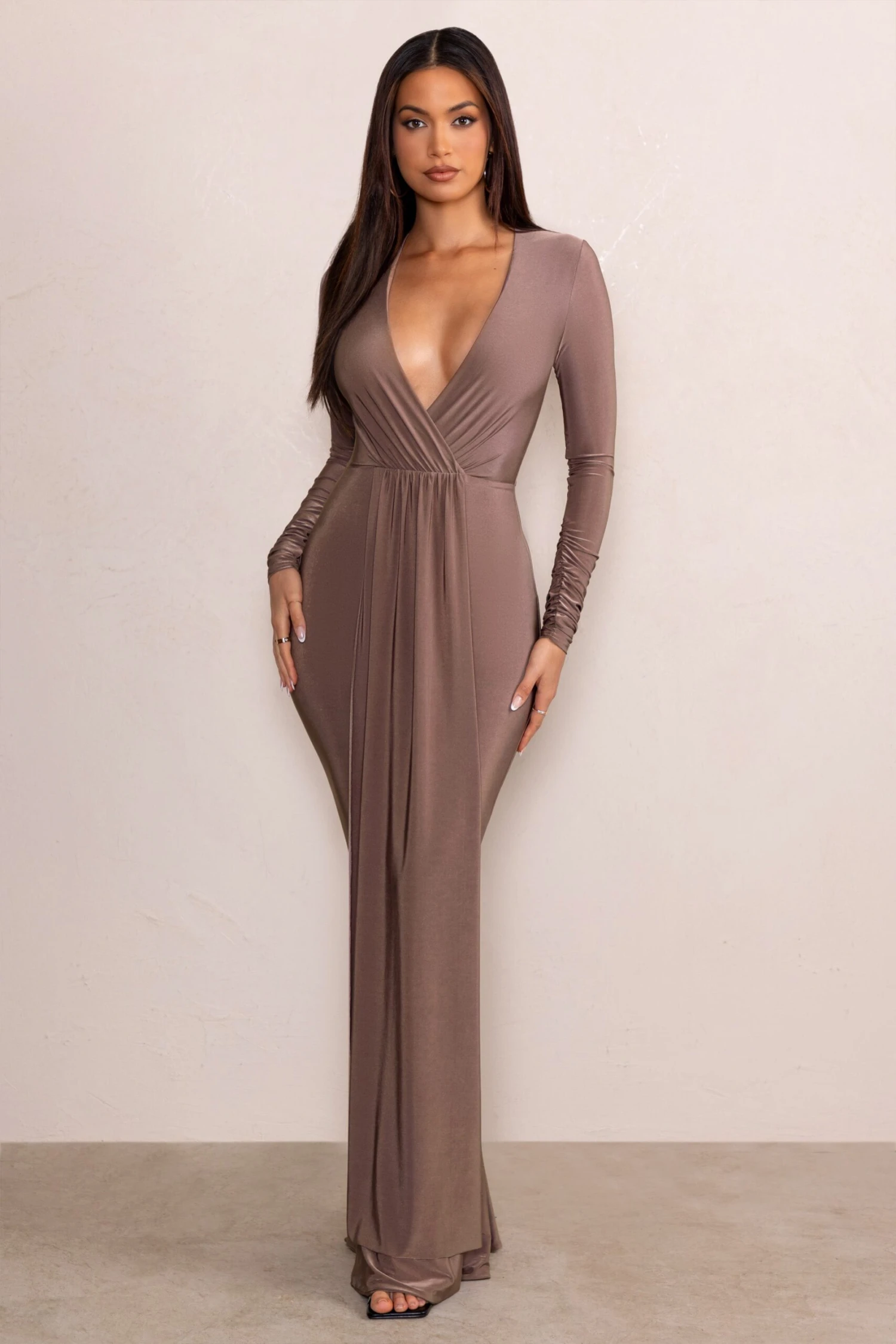 Kyle | Mocha Long Sleeve Plunge Maxi Dress 3 Kyle | Mocha Long Sleeve Plunge Maxi Dress