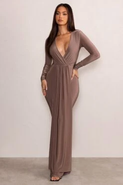 Kyle | Mocha Long Sleeve Plunge Maxi Dress 11 Kyle | Mocha Long Sleeve Plunge Maxi Dress -Sangyong Store WB CL129263 KyleMochaLongSleevePlungeMaxiDress3