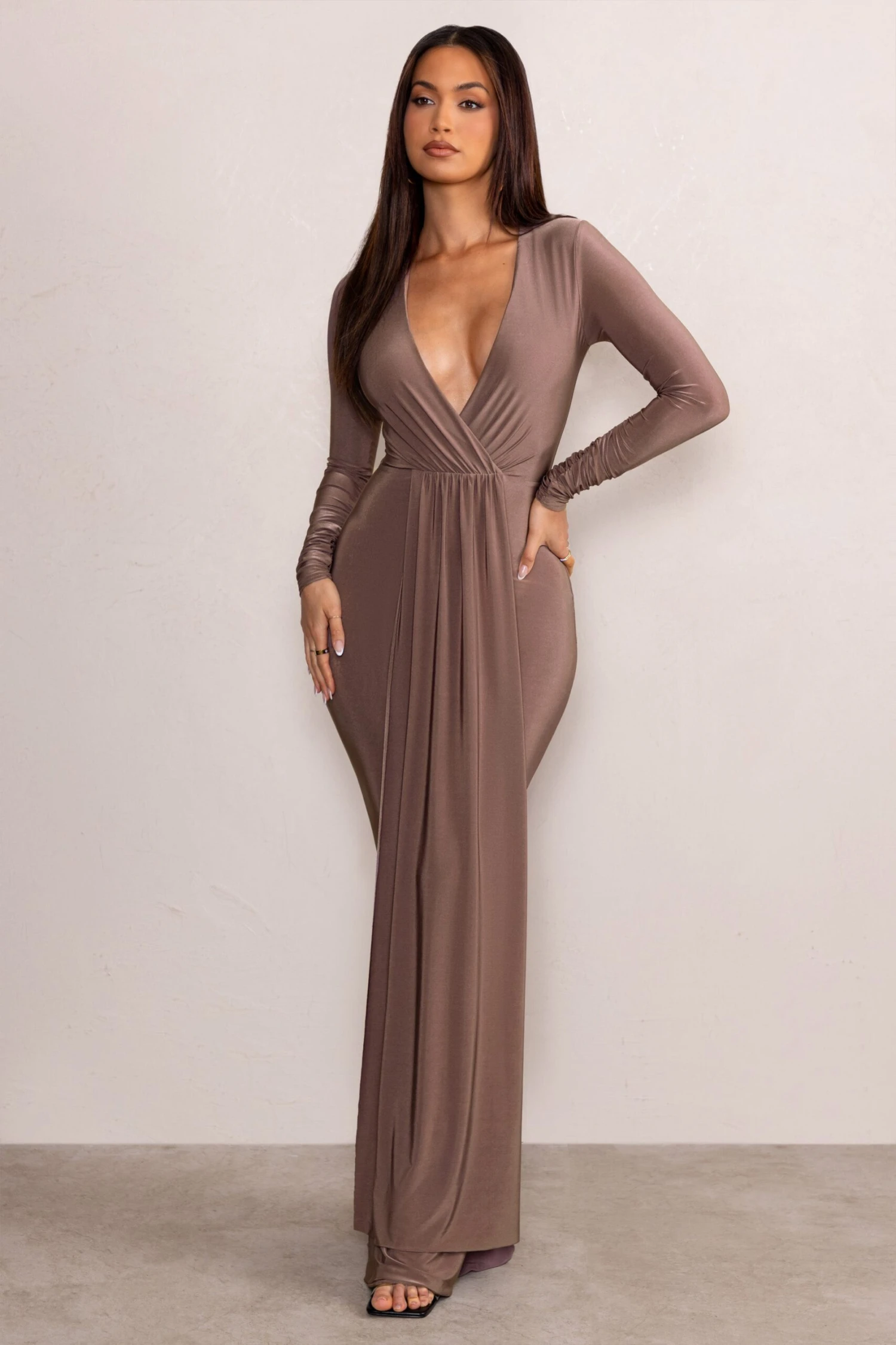 Kyle | Mocha Long Sleeve Plunge Maxi Dress 7 Kyle | Mocha Long Sleeve Plunge Maxi Dress - Image 5