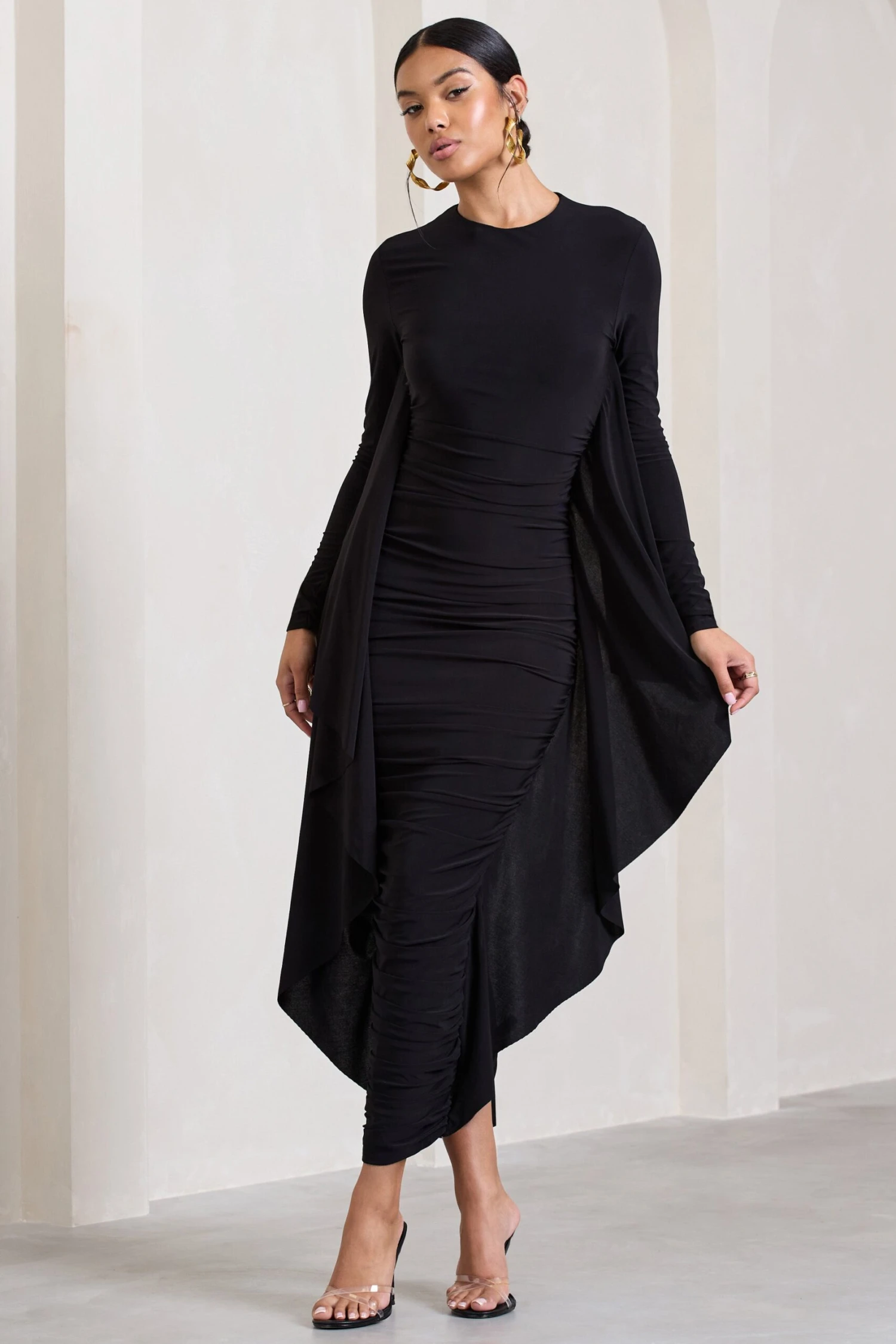 Keva | Black Long Sleeve Ruched Maxi Dress With Cape Detailing 6 Keva | Black Long Sleeve Ruched Maxi Dress With Cape Detailing - Image 4