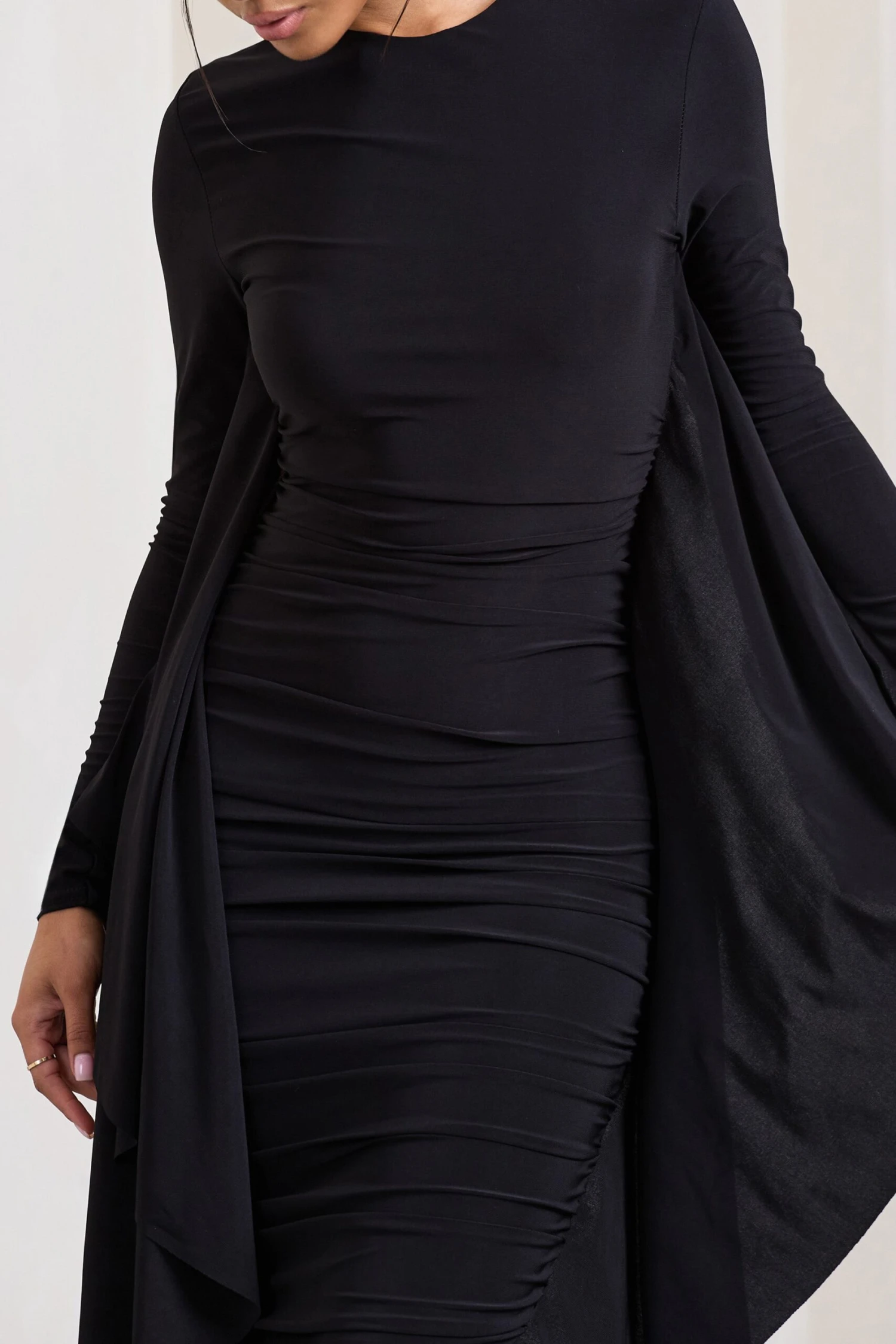 Keva | Black Long Sleeve Ruched Maxi Dress With Cape Detailing 5 Keva | Black Long Sleeve Ruched Maxi Dress With Cape Detailing - Image 3