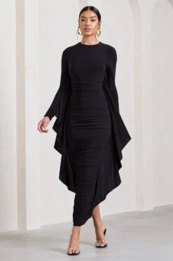 Keva | Black Long Sleeve Ruched Maxi Dress With Cape Detailing