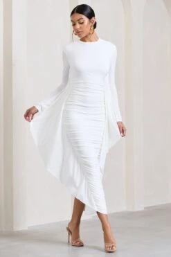 Keva | White Long Sleeve Ruched Maxi Dress With Cape Detailing