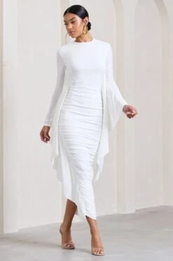 Keva | White Long Sleeve Ruched Maxi Dress With Cape Detailing -Sangyong Store WB CL129265005 KevaWhiteLongSleeveRuchedMaxiDresswithCapeDetailing3 c8f249d2 628c 4204 b576 ddcd53f68f76