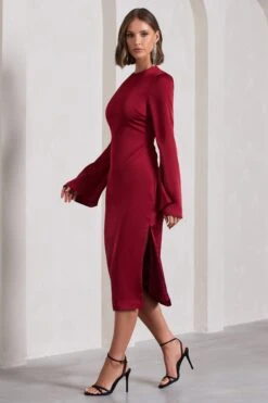 Zaina | Burgundy Long Sleeve Midi Dress With High Neckline -Sangyong Store WB CL129273069 ZainaBurgundyLongSleeveMidiDresswithHighNeckline0
