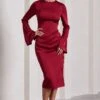 Zaina | Burgundy Long Sleeve Midi Dress With High Neckline