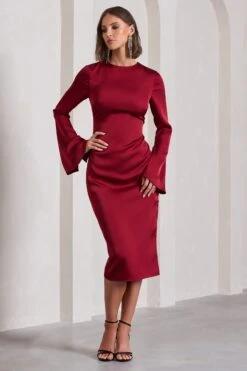 Zaina | Burgundy Long Sleeve Midi Dress With High Neckline