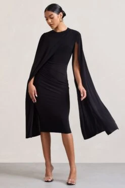 Marysol | Black Asymmetric Cape Midi Dress