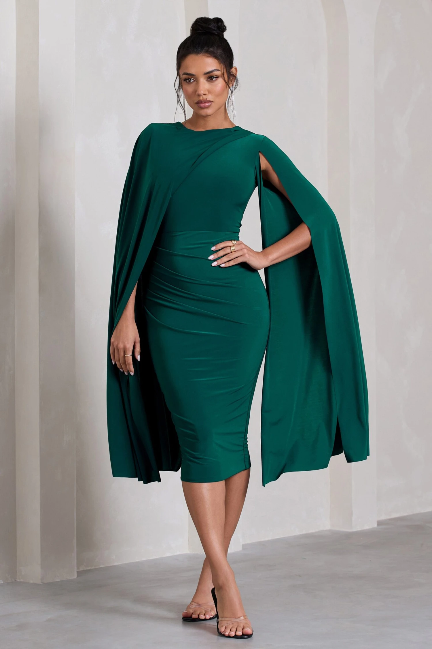 Marysol | Bottle Green Asymmetric Cape Midi Dress 7 Marysol | Bottle Green Asymmetric Cape Midi Dress - Image 5