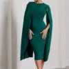 Marysol | Bottle Green Asymmetric Cape Midi Dress -Sangyong Store WB CL129284047 Marysol BottleGreenAsymmetricCapeMidiDress2