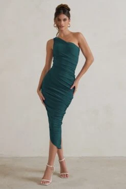 Dorit | Bottle Green One Shoulder Asymmetric Ruched Midi Dress -Sangyong Store WB CL129293 DoritBottleGreenOneShoulderAsymmetricRuchedMidiDress0