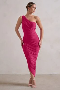 Dorit | Hot Pink One Shoulder Asymmetric Ruched Midi Dress -Sangyong Store WB CL129293 DoritHotPinkOneShoulderAsymmetricRuchedMidiDress1