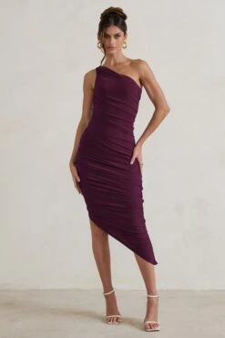 Dorit | Plum One Shoulder Asymmetric Ruched Midi Dress -Sangyong Store WB CL129293 DoritPlumOneShoulderAsymmetricRuchedMidiDress1