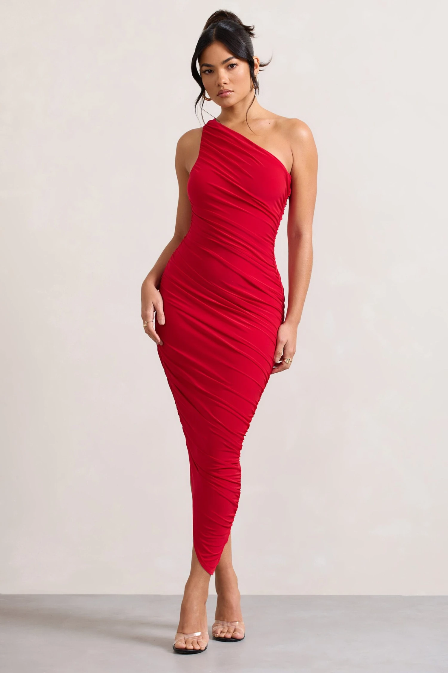Dorit | Red One Shoulder Asymmetric Ruched Midi Dress 6 Dorit | Red One Shoulder Asymmetric Ruched Midi Dress - Image 4