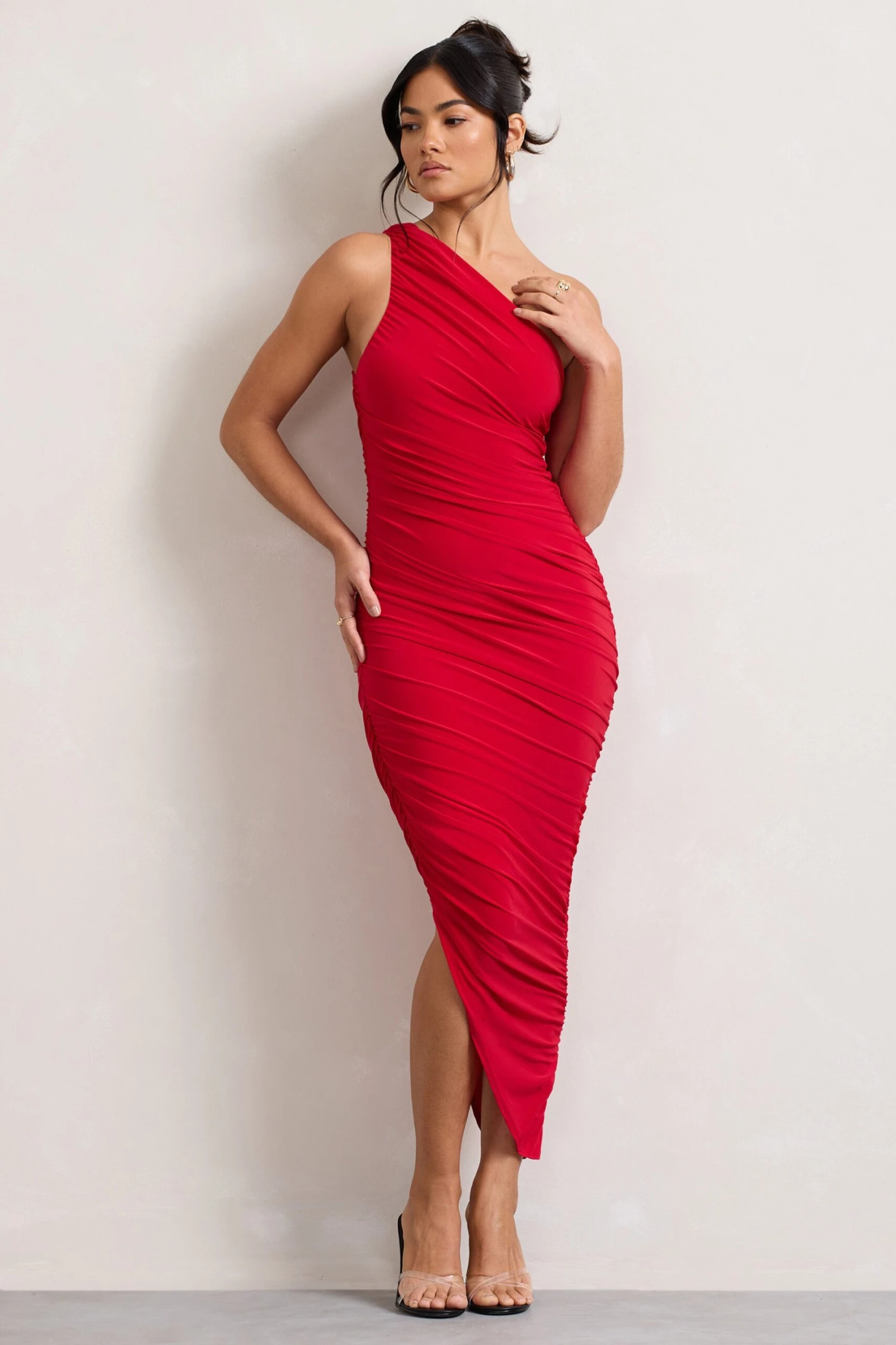 Dorit | Red One Shoulder Asymmetric Ruched Midi Dress 3 Dorit | Red One Shoulder Asymmetric Ruched Midi Dress