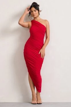 Dorit | Red One Shoulder Asymmetric Ruched Midi Dress 11 Dorit | Red One Shoulder Asymmetric Ruched Midi Dress -Sangyong Store WB CL129293004 Dorit RedOneShoulderAsymmetricRuchedMidiDress2