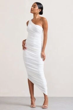 Dorit | White One Shoulder Asymmetric Ruched Midi Dress -Sangyong Store WB CL129293005 Dorit WhiteOneShoulderAsymmetricRuchedMidiDress3