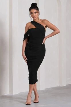 Cici | Black Asymmetric One Shoulder Ruched Midi Dress -Sangyong Store WB CL129294002 CiciBlackAsymmetricOneShoulderRuchedMidiDress1
