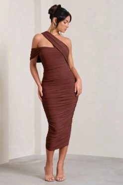 Cici | Brown Asymmetric One Shoulder Ruched Midi Dress -Sangyong Store WB CL129294009 CiciBrownAsymmetricOneShoulderRuchedMidiDress1