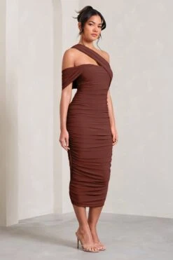 Cici | Brown Asymmetric One Shoulder Ruched Midi Dress -Sangyong Store WB CL129294009 CiciBrownAsymmetricOneShoulderRuchedMidiDress2