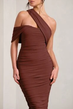 Cici | Brown Asymmetric One Shoulder Ruched Midi Dress -Sangyong Store WB CL129294009 CiciBrownAsymmetricOneShoulderRuchedMidiDress3