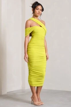 Cici | Lime Green Asymmetric One Shoulder Ruched Midi Dress -Sangyong Store WB CL129294009 CiciLimeGreenAsymmetricOneShoulderRuchedMidiDress2