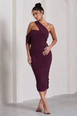 Cici | Plum Asymmetric One Shoulder Ruched Midi Dress -Sangyong Store WB CL129294101 CiciPlumAsymmetricOneShoulderRuchedMidiDress0