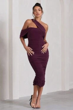 Cici | Plum Asymmetric One Shoulder Ruched Midi Dress -Sangyong Store WB CL129294101 CiciPlumAsymmetricOneShoulderRuchedMidiDress3